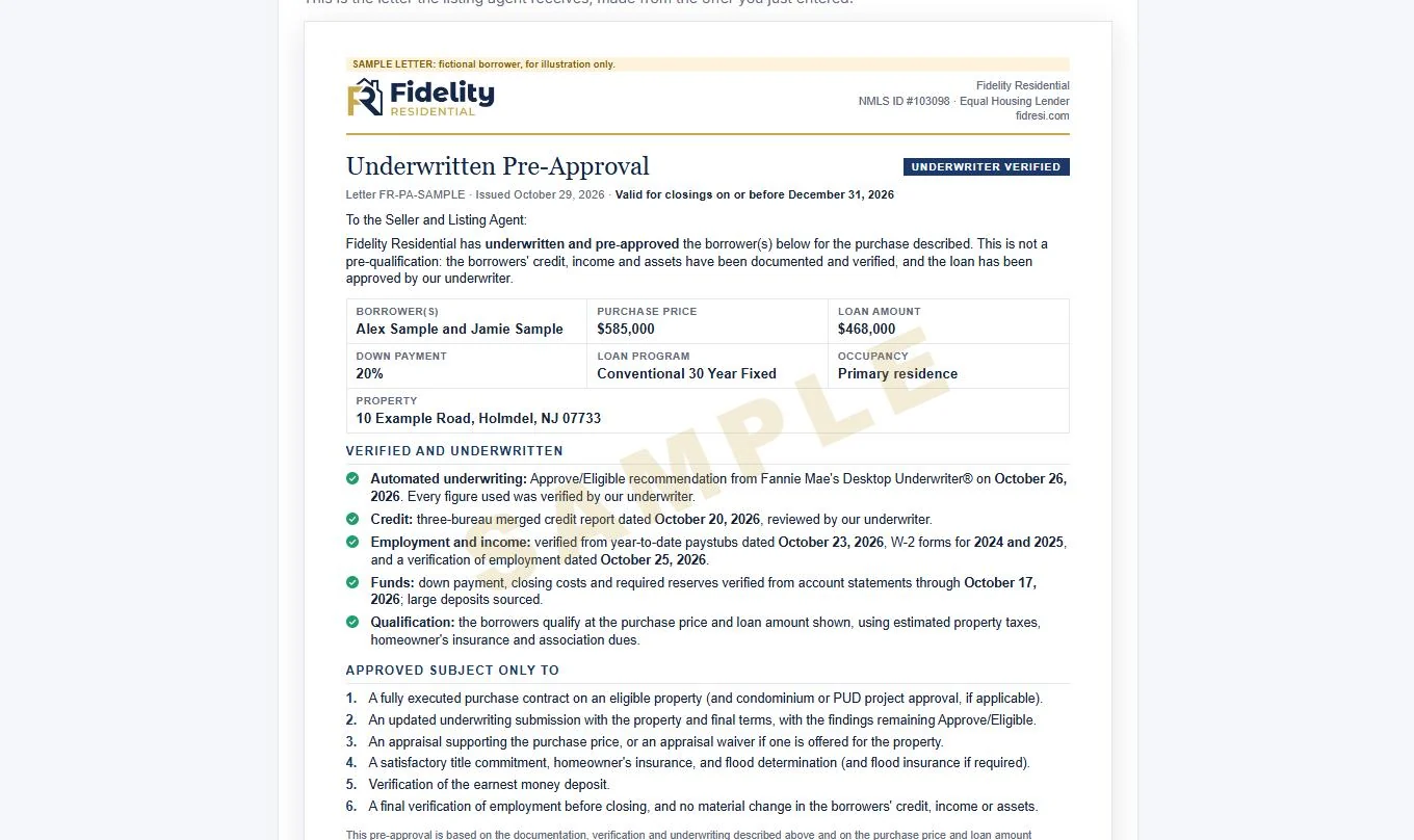 Sample underwritten pre-approval letter: the borrowers, price, loan amount and property, what the underwriter verified, and the short list of conditions