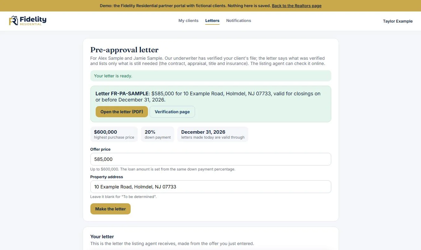The agent's letter page: the client's approved price, down payment and valid-through date, the offer price and address, and the new letter ready to open