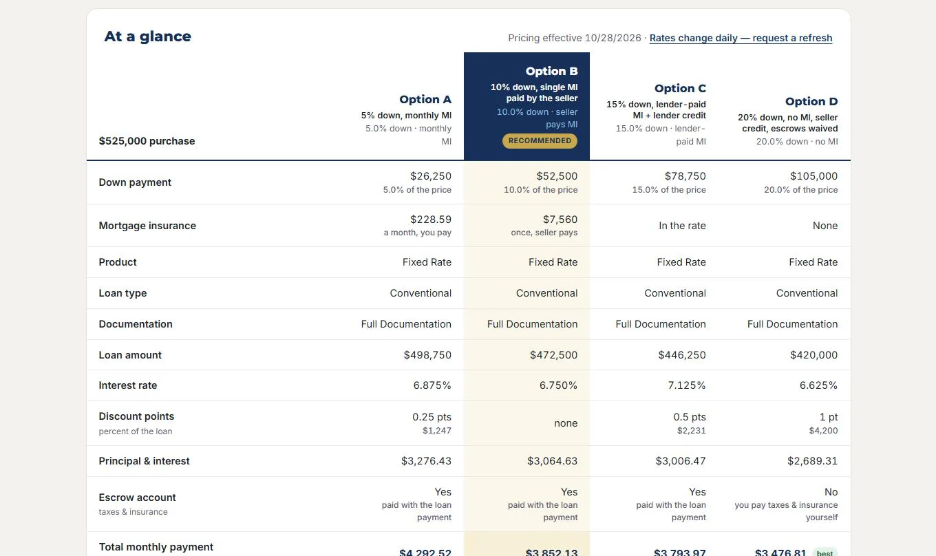 At a glance: down payment, mortgage insurance, loan amount, rate, points and payment for four purchase options