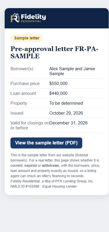 The letter verification page on a phone, showing the letter's status, borrowers, price, loan amount, property and dates